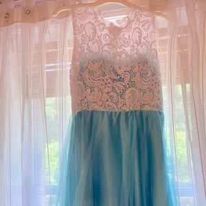 Gorgeous light blue and white lace prom dress with tulle